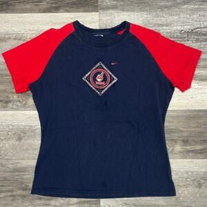 Vintage Y2k 2000s Nike MLB‎ Cleveland Indians Navy Red Women XL Two Tone T-Shirt